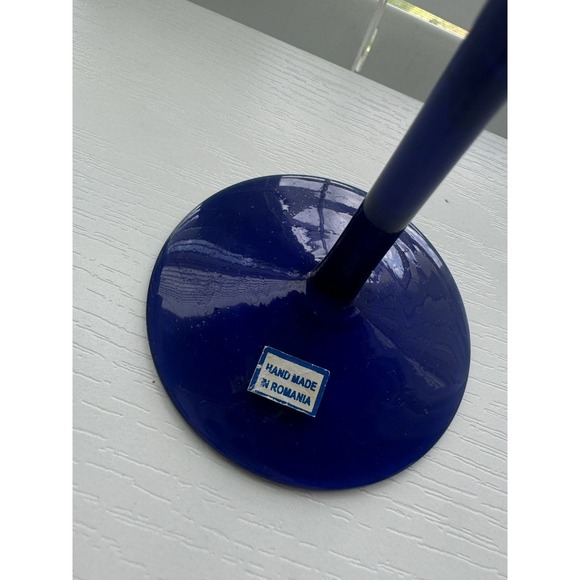 Hand Made In Romania Art Glass Martini Glass 7.5" Yellow Blue Swirl Stem - Picture 6 of 10